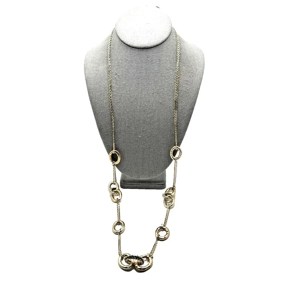 New Alfani Rhinestone Gold Tone Station Necklace Oval Textured Links 42” NWT
